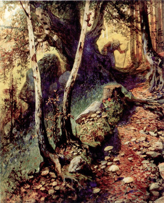 Hunting Mushrooms in the Old Forest, vintage artwork by Georg Janny, 12x8" (A4) Poster
