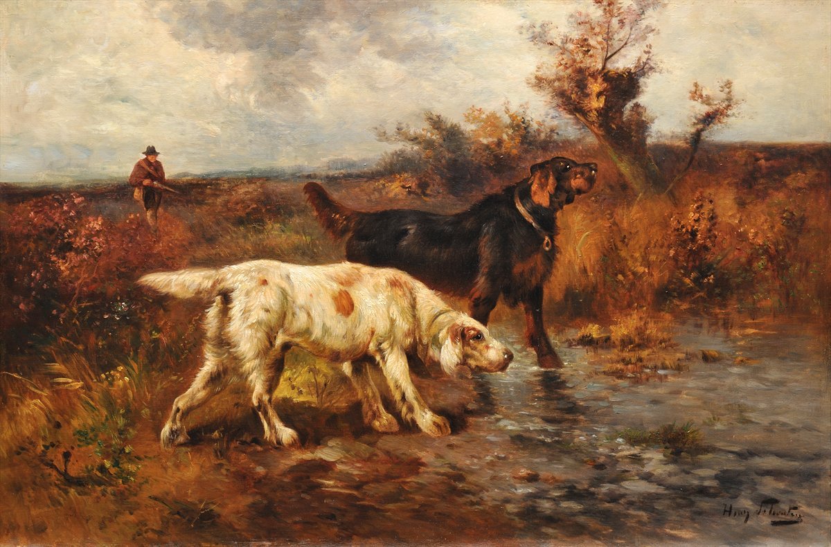 Hunter with two hounds, vintage artwork by Henry Schouten, 12x8" (A4) Poster