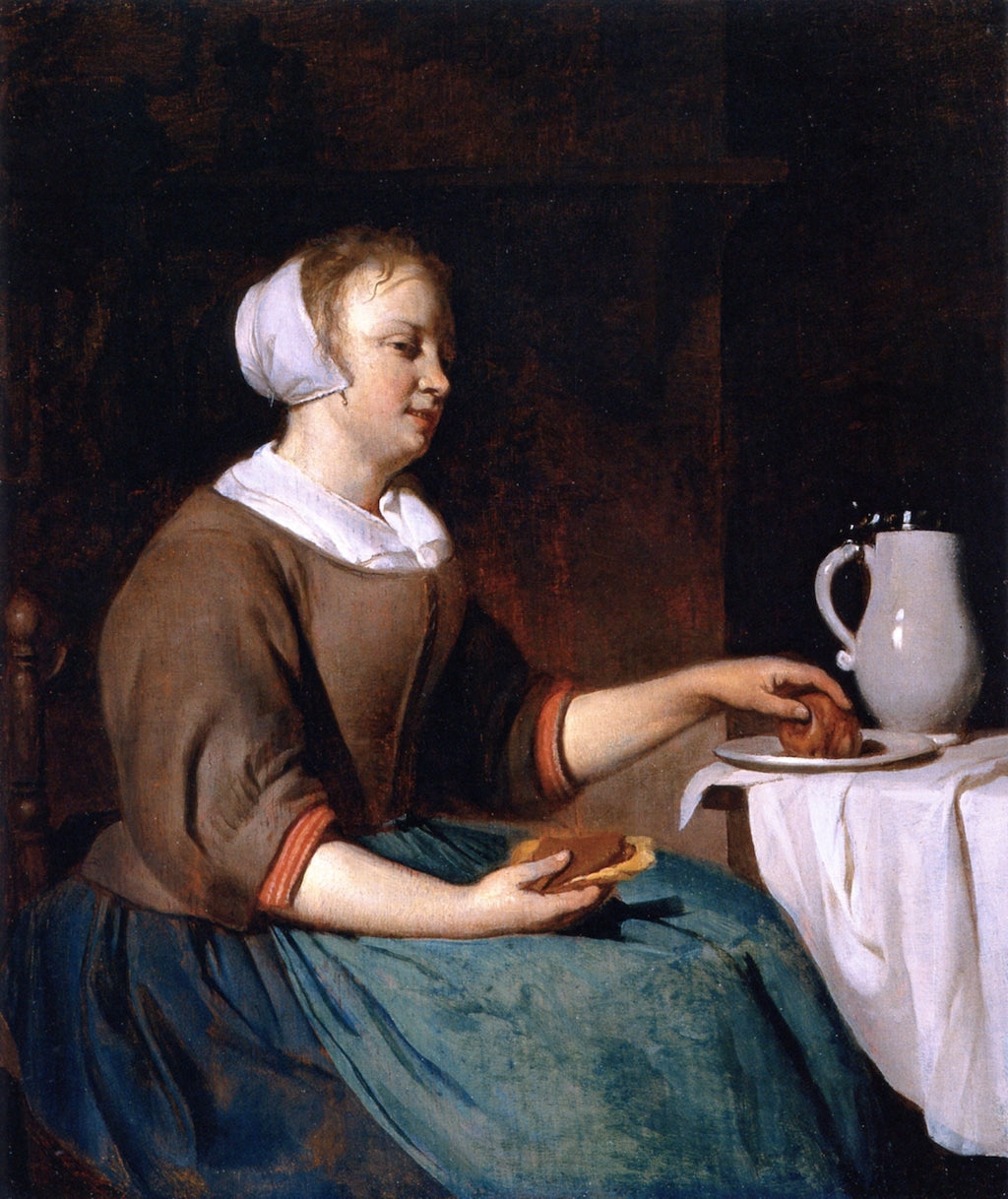 A Woman Eating, vintage artwork by Gabriël Metsu, 12x8" (A4) Poster