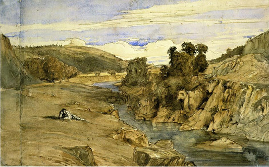 Riverbank, Saint-Thomas near Bort-les-Orgues, vintage artwork by Paul Huet, A3 (16x12") Poster Print
