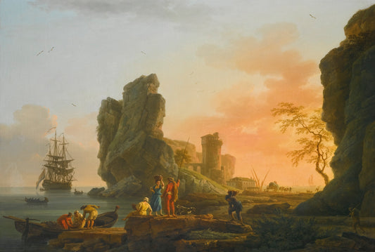 A Mediterranean Coastal Scene at Sunset, vintage artwork by Claude-Joseph Vernet, 12x8" (A4) Poster