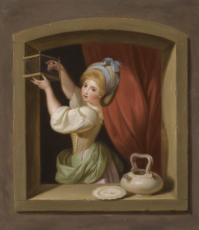 A Young Girl At The Window, Placing A Goldfinch In A Cage, vintage artwork by Ludwig Guttenbrunn, 12x8" (A4) Poster