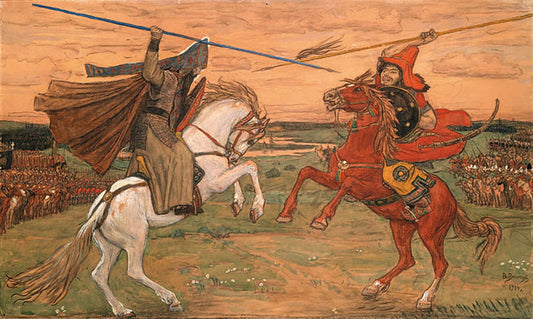 The Duel of Peresvet and Chelubei, vintage artwork by Viktor Mikhaylovich Vasnetsov, 12x8" (A4) Poster