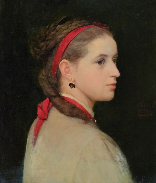 Girl with a Red Ribbon, vintage artwork by Albert Anker, 12x8" (A4) Poster