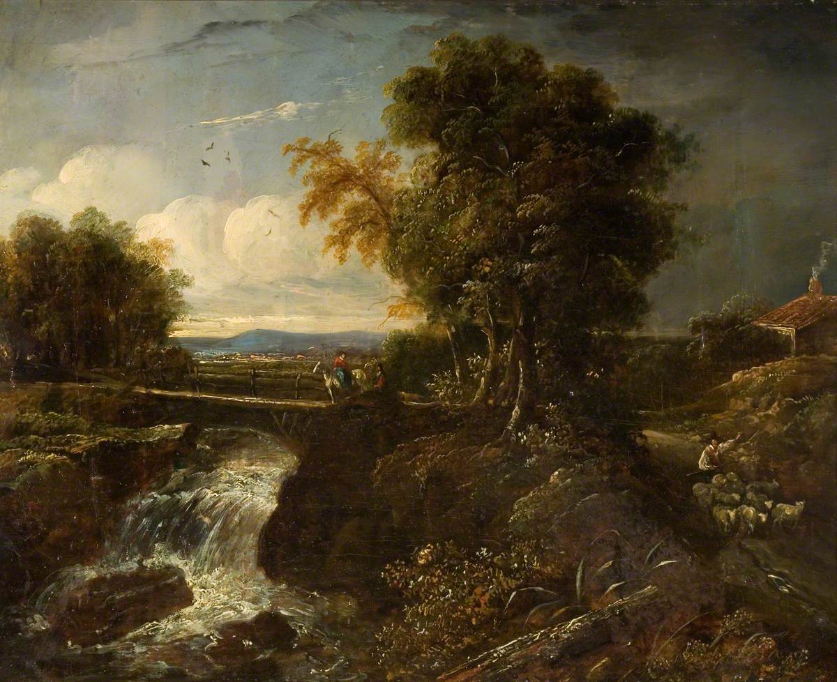 Bridge and Waterfall Scene, vintage artwork by James Holland, A3 (16x12") Poster Print