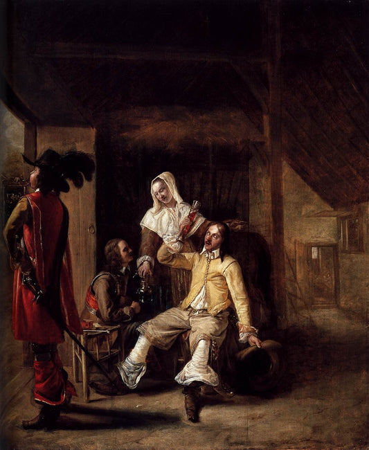 Two Soldiers and a Serving Woman with a Trumpeter, vintage artwork by Pieter de Hooch, 12x8" (A4) Poster
