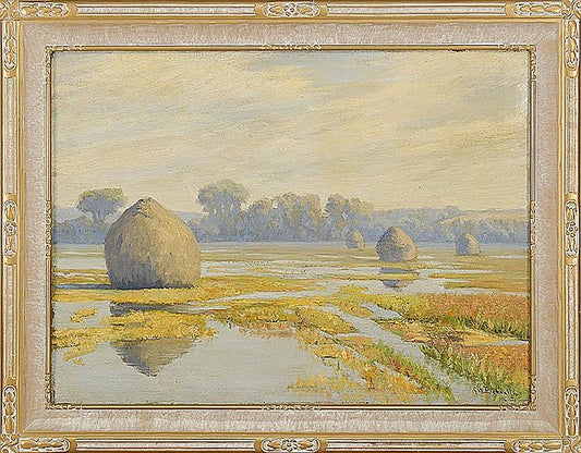 Marsh with Haystacks, vintage artwork by George Picknell, 12x8" (A4) Poster