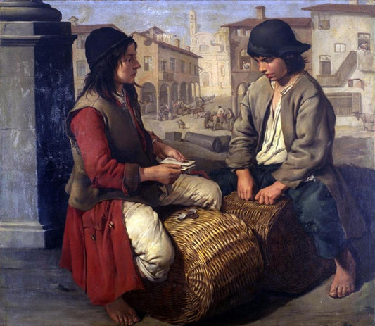 Portaroli che giocano a carte sulle ceste, vintage artwork by Giacomo Ceruti, 12x8" (A4) Poster