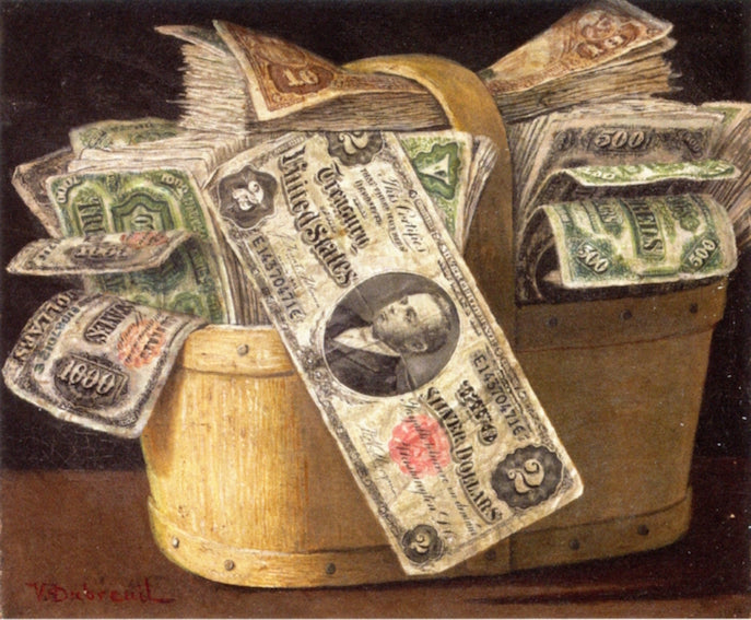Basket of Money, vintage artwork by Victor Dubreuil, 12x8" (A4) Poster