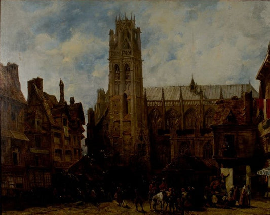 Cathedral of Notre Dame and Market Place at Caudebec-en-Caux, vintage artwork by Richard Parkes Bonington, A3 (16x12") Poster Print