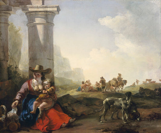 Italian Peasants among Ruins, vintage artwork by Jan Baptist Weenix, 12x8" (A4) Poster