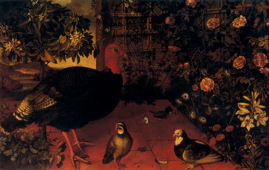 Pavo, perdiz y paloma en una terraza, vintage artwork by Tomàs Yepes, 12x8" (A4) Poster