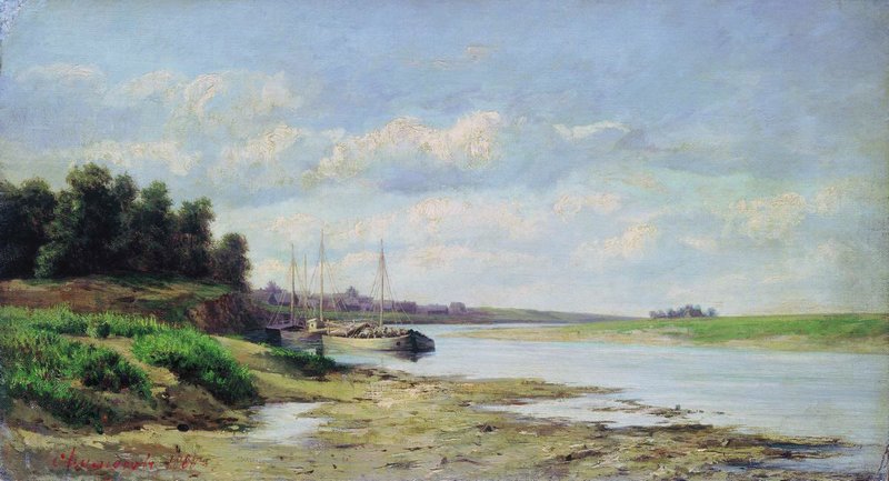 Boats on the River, vintage artwork by Sergei Ammosov, 12x8" (A4) Poster