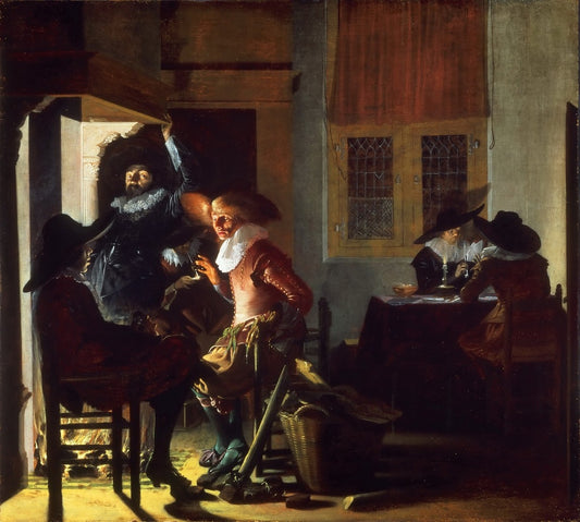 Soldiers beside a Fireplace, vintage artwork by Willem Duyster, 12x8" (A4) Poster