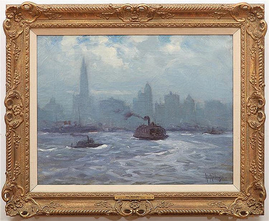 New York Harbor at Dusk, vintage artwork by Hal Robinson, 12x8" (A4) Poster