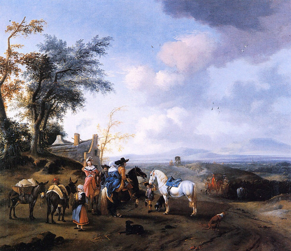 Landscape with resting travellers, vintage artwork by Pieter Wouwerman, 12x8" (A4) Poster