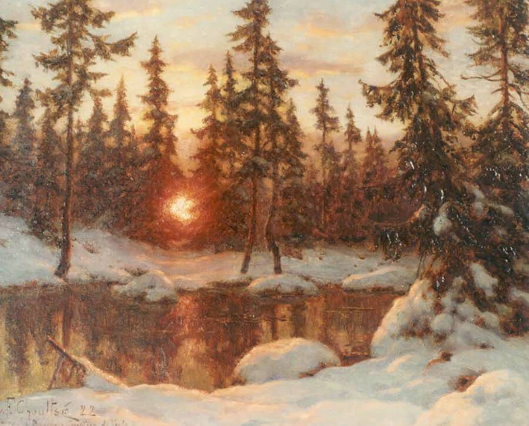 Snow and Sunset, vintage artwork by Ivan Fedorovich Choultse, 12x8" (A4) Poster