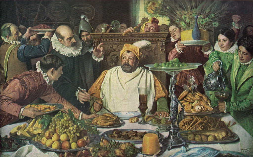 Festín de Sancho Panza en la Insula Barataria, vintage artwork by Jose Moreno Carbonero, 12x8" (A4) Poster