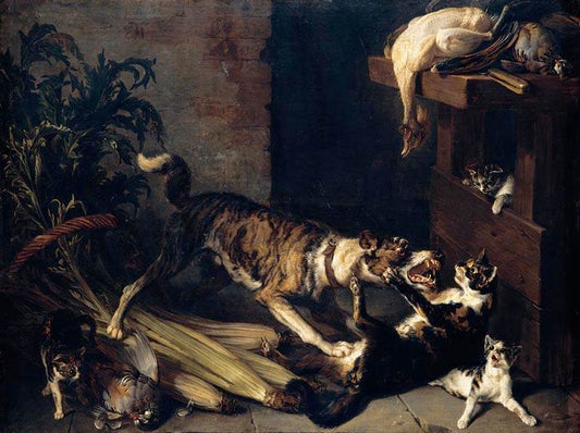 A Dog and a Cat Fighting in a Kitchen Interior, vintage artwork by François Desportes, 12x8" (A4) Poster