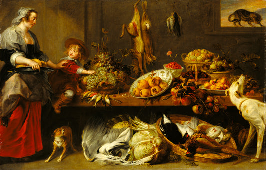 Kitchen Still Life with a Maid and Young Boy, vintage artwork by Jan Boeckhorst, 12x8" (A4) Poster