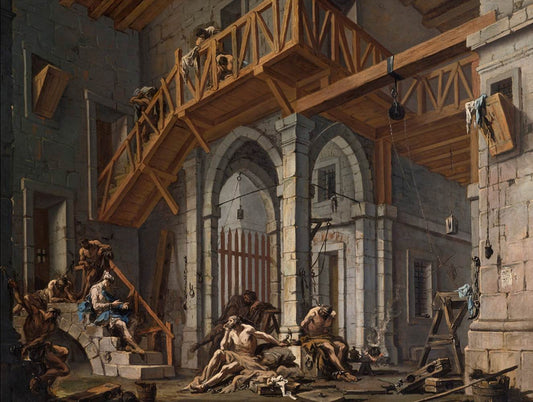 Joseph Interprets the Dreams of the Pharaoh's Servants, vintage artwork by Attributed to Alessandro Magnasco, 12x8" (A4) Poster