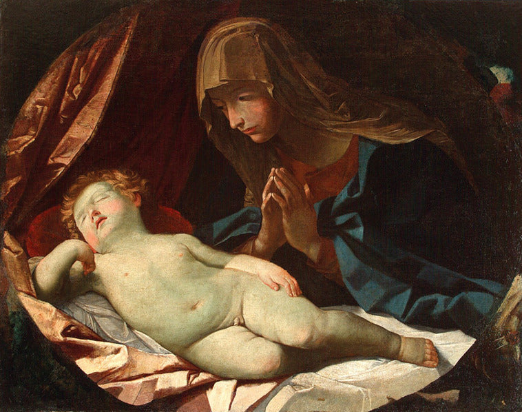 Virgin adoring the sleeping Baby  Jesus, vintage artwork by Elisabetta Sirani, 12x8" (A4) Poster