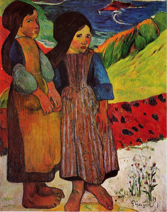 Breton Girls by  the Sea, vintage artwork by Paul Gauguin, 12x8" (A4) Poster