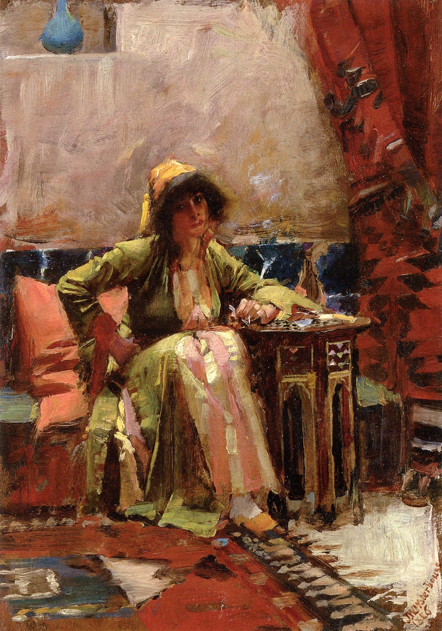 An Eastern Interior with a Seated Girl, vintage artwork by John William Waterhouse, 12x8" (A4) Poster