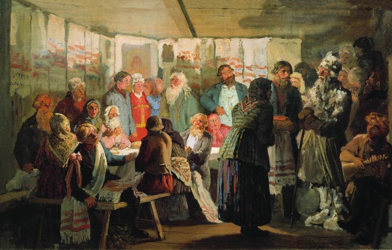 The Sorcerer at the Village Wedding (study), vintage artwork by Vasily Maximov, 12x8" (A4) Poster
