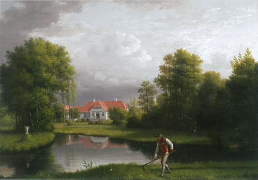 Sanderumgaard, Main Building seen from the Garden, vintage artwork by Christoffer Wilhelm Eckersberg, 12x8" (A4) Poster
