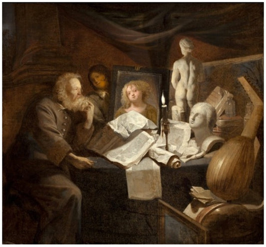 Old Man with a Vanitas Still Life, vintage artwork by David Ryckaert III, 12x8" (A4) Poster