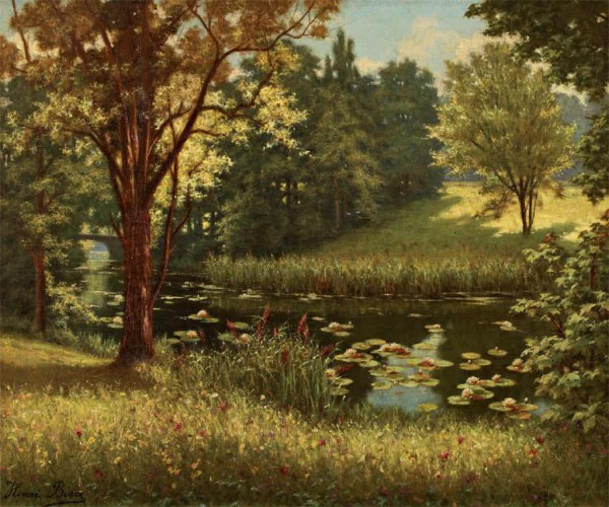 Bord de rivière avec nenuphares, vintage artwork by Henri Biva, 12x8" (A4) Poster