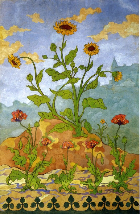 Four Decorative Panels: Sunflowers and Poppies, vintage artwork by Paul Ranson, 12x8
