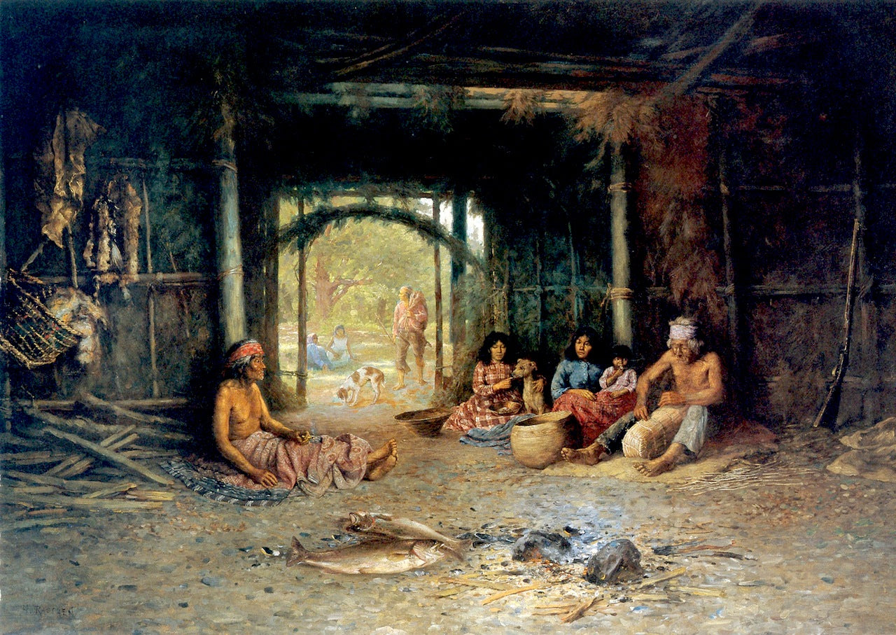 Interior of a Pomo Dwelling, vintage artwork by Henry Raschen, 12x8" (A4) Poster