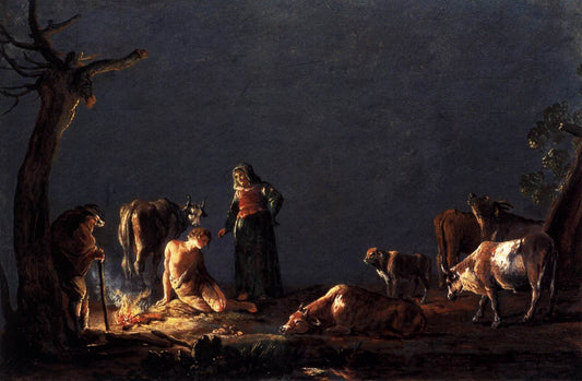 Peasants by  a Fire, vintage artwork by Leonaert Bramer, 12x8" (A4) Poster