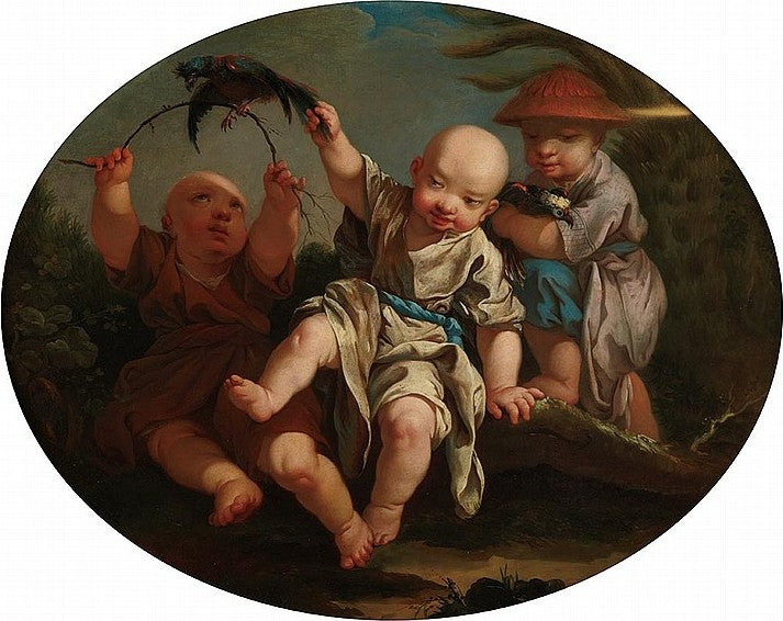 Chinoiserie - Children Playing with a Bird, vintage artwork by Hugues Taraval, 12x8" (A4) Poster