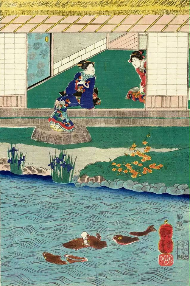 Beauties Enjoying Themselves in the Garden, vintage artwork by Kuniyoshi Utagawa, A3 (16x12") Poster Print