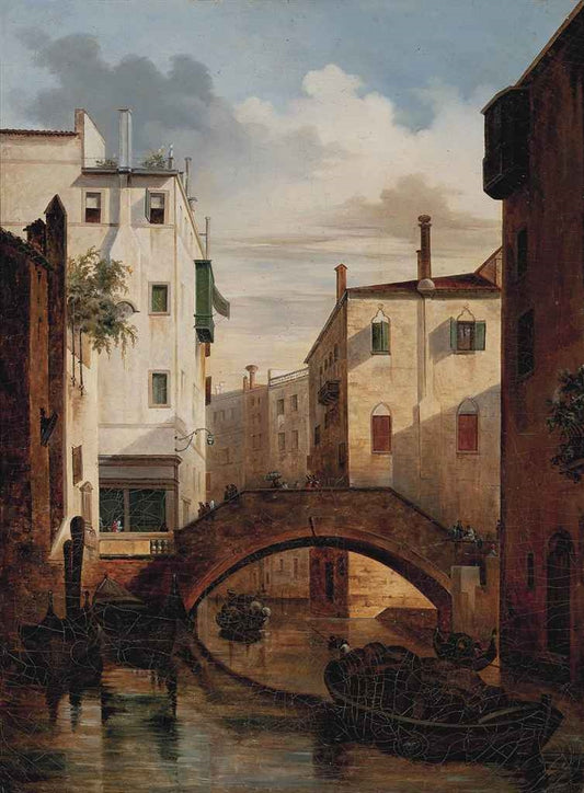 Crossing the Bridge, Venice, vintage artwork by Workshop of Frederich Nerly the Younger, 12x8" (A4) Poster