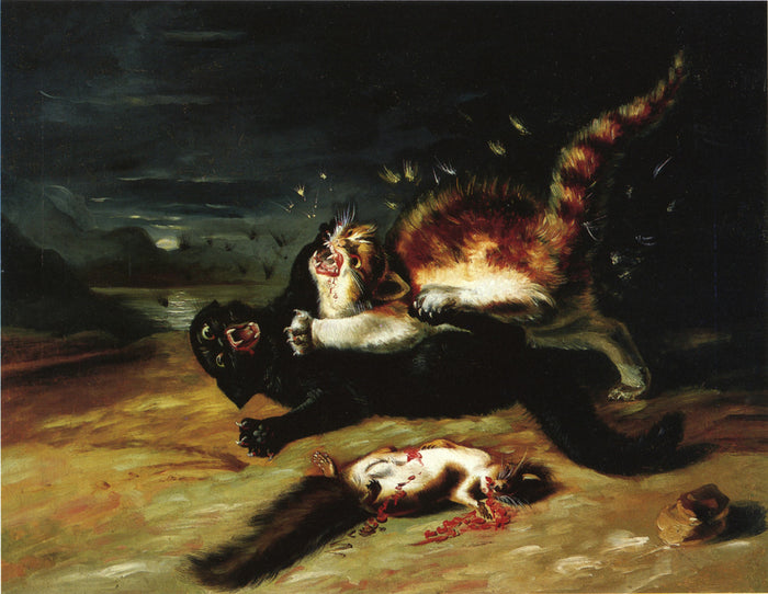 Two Cats Fighting, vintage artwork by John James Audubon, 12x8