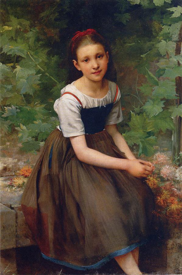 Young Girl with Flowers, vintage artwork by Charles Victor Thirion, 12x8" (A4) Poster