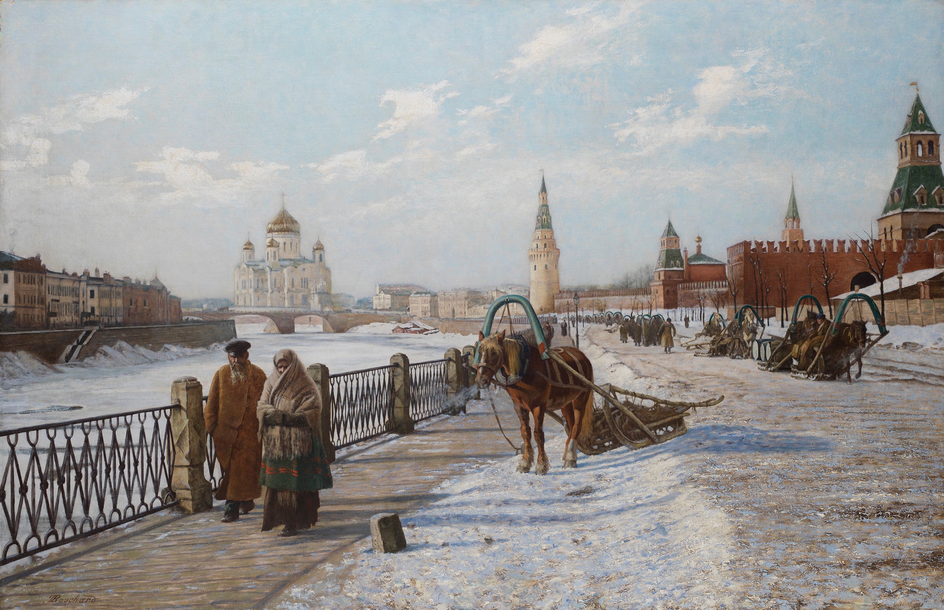 View of the Moscow Kremlin and the Church of Christ the Saviour, vintage artwork by Paul-Louis Bouchard, 12x8" (A4) Poster
