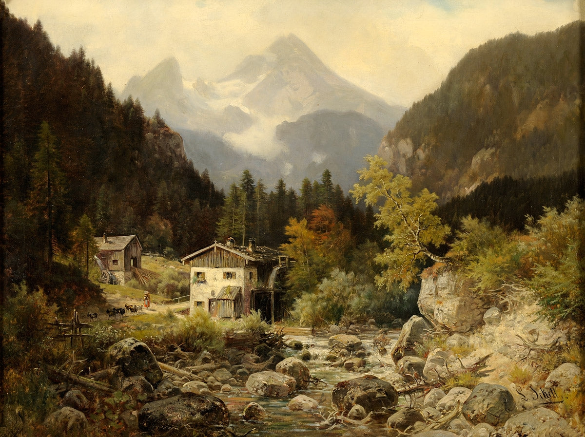 Watermill in the mountains, vintage artwork by Ludwig Sckell, 12x8" (A4) Poster