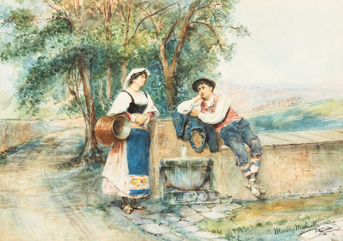 Resting at a Fountain, vintage artwork by Maria Martinetti, 12x8" (A4) Poster
