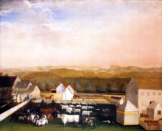 A May Morning View of the Farm and Stock of David Leedon, vintage artwork by Edward Hicks, 12x8" (A4) Poster