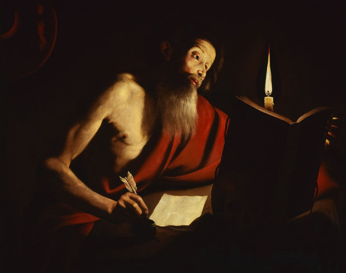 St Jerome Writing, vintage artwork by Trophîme Bigot, 12x8