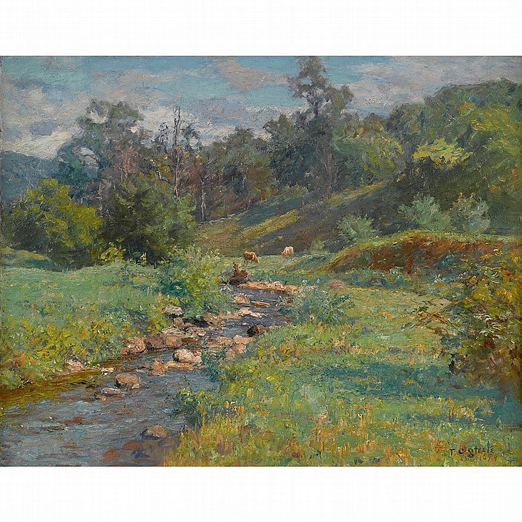 Cows Watering by  a Stream, vintage artwork by Theodore Clement Steele, 12x8" (A4) Poster