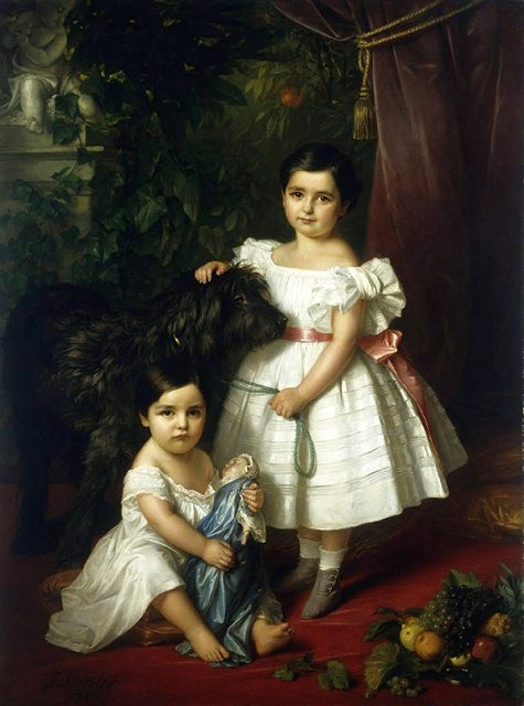 Portrait of Kronenberg sisters (Maria Róża and Róża Maria Karolina) with a dog, vintage artwork by Jozef Simmler, 12x8" (A4) Poster