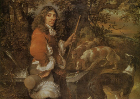 Hunter with Dogs at a Well, vintage artwork by Govaert Flinck, 12x8" (A4) Poster