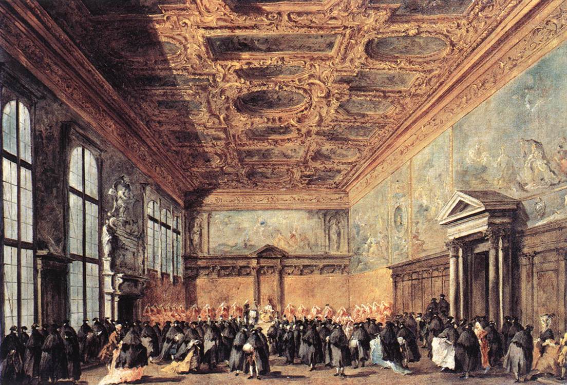 The Doge of Venice Giving Audience in the Sala del Collegio in the Doge’s Palace, vintage artwork by Francesco Guardi, 12x8" (A4) Poster