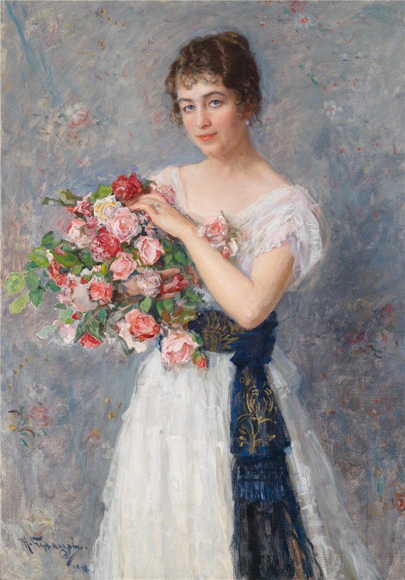Portrait of a Young Lady with Roses, vintage artwork by Nikolai Dmitrievich Kuznetsov, 12x8" (A4) Poster